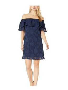 London Times Off-Shoulder Navy Lace Shift Dress
